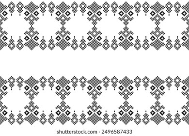 Traditional ethnic motifs ikat geometric fabric pattern cross stitch.Ikat embroidery Ethnic oriental Pixel black and white label background. Abstract,vector,illustration. Texture,decoration,wallpaper.
