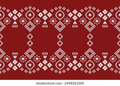 Traditional ethnic motifs ikat geometric fabric pattern cross stitch.Ikat embroidery Ethnic oriental Pixel red background. Abstract,vector,illustration. Texture,christmas,decoration,wallpaper.