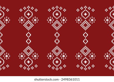 Traditional ethnic motifs ikat geometric fabric pattern cross stitch.Ikat embroidery Ethnic oriental Pixel red background. Abstract,vector,illustration. Texture,christmas,decoration,wallpaper.