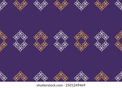 Traditional ethnic motifs ikat geometric fabric pattern cross stitch.Ikat embroidery Ethnic oriental Pixel violet purple label background. Abstract,vector,illustration. Texture,decoration,wallpaper.