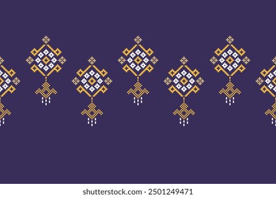 Traditional ethnic motifs ikat geometric fabric pattern cross stitch.Ikat embroidery Ethnic oriental Pixel violet purple label background. Abstract,vector,illustration. Texture,decoration,wallpaper.