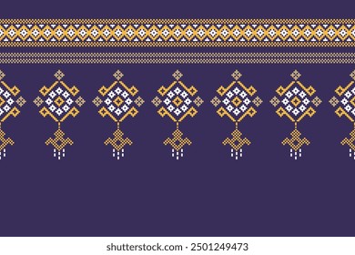 Traditional ethnic motifs ikat geometric fabric pattern cross stitch.Ikat embroidery Ethnic oriental Pixel violet purple label background. Abstract,vector,illustration. Texture,decoration,wallpaper.