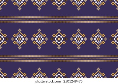 Traditional ethnic motifs ikat geometric fabric pattern cross stitch.Ikat embroidery Ethnic oriental Pixel violet purple label background. Abstract,vector,illustration. Texture,decoration,wallpaper.