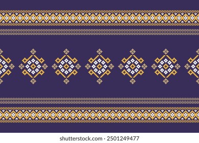 Traditional ethnic motifs ikat geometric fabric pattern cross stitch.Ikat embroidery Ethnic oriental Pixel violet purple label background. Abstract,vector,illustration. Texture,decoration,wallpaper.