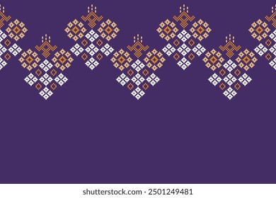 Traditional ethnic motifs ikat geometric fabric pattern cross stitch.Ikat embroidery Ethnic oriental Pixel violet purple label background. Abstract,vector,illustration. Texture,decoration,wallpaper.