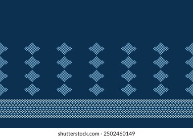 Traditional ethnic motifs ikat geometric fabric pattern cross stitch.Ikat embroidery Ethnic oriental Pixel blue background.Abstract,vector,illustration. Texture,decoration,wallpaper.