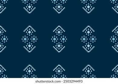 Traditional ethnic motifs ikat geometric fabric pattern cross stitch.Ikat embroidery Ethnic oriental Pixel blue background.Abstract,vector,illustration. Texture,decoration,wallpaper.