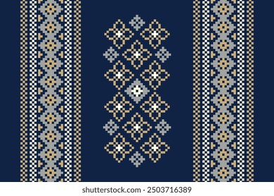 Traditional ethnic motifs ikat geometric fabric pattern cross stitch.Ikat embroidery Ethnic oriental Pixel blue background.Abstract,vector,illustration. Texture,decoration,wallpaper.