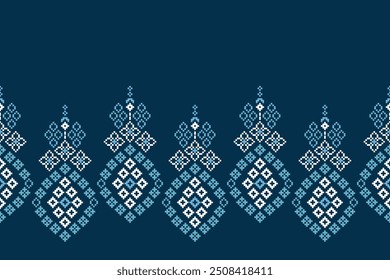 Traditionelle ethnische Motive ikat geometrische Stoffmuster Kreuzstich.Ikat Stickerei Ethnische orientalische Pixel blauen Hintergrund.Abstrakt,Vektor,Illustration. Textur, Dekoration, Tapete.