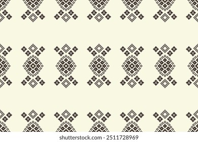 Traditional ethnic motifs ikat geometric fabric pattern cross stitch.Ikat embroidery Ethnic oriental Pixel brown cream label background. Abstract,vector,illustration. Texture,decoration,wallpaper.