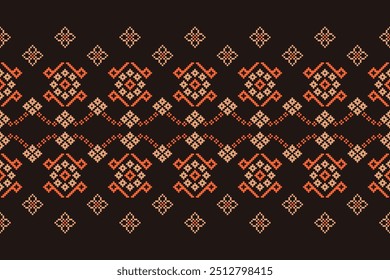 Motivos étnicos tradicionais ikat padrão de tecido geométrico ponto cruz.Ikat bordado Etnia oriental Pixel marrom fundo.Abstrato,vetor,ilustração. Textura, decoração, papel de parede.