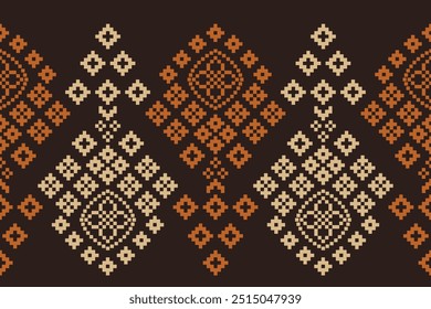 Motivos étnicos tradicionales ikat patrón de tela geométrica punto de cruz. Bordado de ikat Fondo de color marrón Pixel oriental étnico. Abstractas, Vector, ilustración. Textura, decoración, Fondo de pantalla.