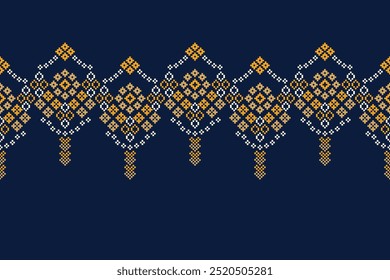 Traditional ethnic motifs ikat geometric fabric pattern cross stitch.Ikat embroidery Ethnic oriental Pixel blue background.Abstract,vector,illustration. Texture,decoration,wallpaper.