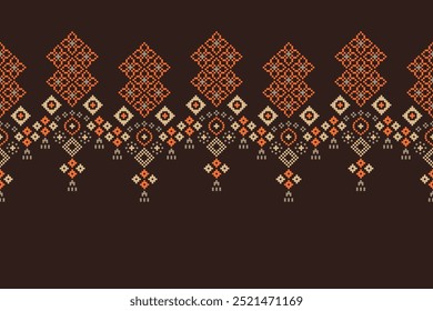 Traditional ethnic motifs ikat geometric fabric pattern cross stitch.Ikat embroidery Ethnic oriental Pixel brown background.Abstract,vector,illustration. Texture,decoration,wallpaper.