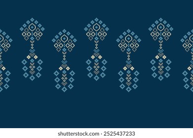 Traditional ethnic motifs ikat geometric fabric pattern cross stitch.Ikat embroidery Ethnic oriental Pixel blue background.Abstract,vector,illustration. Texture,decoration,wallpaper.