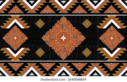 Traditional ethnic pattern with brown and gold motifs on black background. Perfect for fabric, wallpaper, tribal art, and textile-inspired digital designs.
