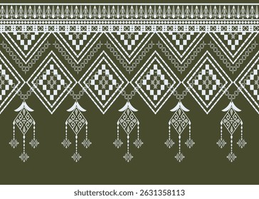 A traditional ethnic pattern featuring symmetrical diamond motifs and ornamental shapes in white on an olive green background. Ideal for textile designs, crafts, and cultural-inspired creations.