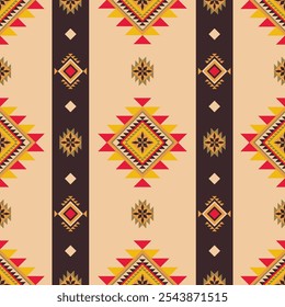 Traditional ethnic pattern with Navajo and Aztec elements, seamless and intricate, designed for textiles, rugs, and decor. Earthy tones and geometric motifs bohemian elegance