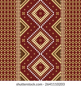 Traditional ethnic pattern with ornate diamond medallions in rich burgundy and gold. Intricate geometric tribal design ideal for luxury textiles, crafts and cultural decor.