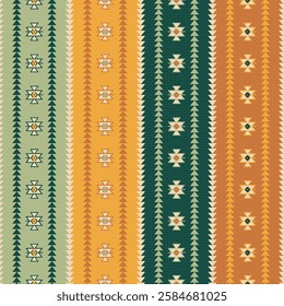 Traditional ethnic pattern with vertical stripes featuring diamond and cross motifs. Alternating bands in sage green, golden yellow, forest green, and terracotta create a harmonious vector design.