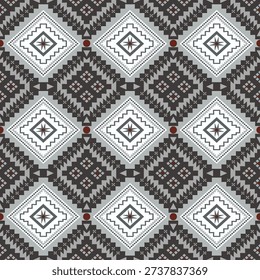 Traditional ethnic seamless pattern featuring geometric diamond shapes in grey, white and brown tones