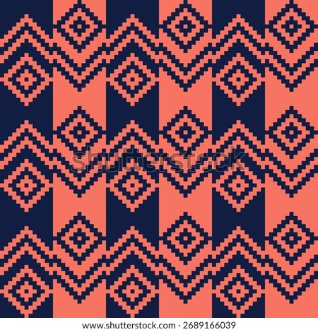 Traditional ethnic seamless pattern with geometric zig-zag and diamond shapes. A pixelated folk art design for textile, fabric, or wallpaper background