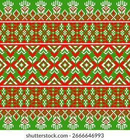 Traditional ethnic seamless pattern with a pixelated cross-stitch look. The design showcases intricate geometric and floral patterns in red, green, and white. Perfect for backgrounds and holiday-theme