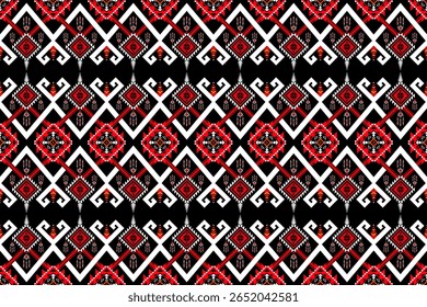 A traditional ethnic seamless pattern with red and black tones. Includes detailed diamond and flower motifs, ideal for fabric design, backgrounds, and cultural textile prints.