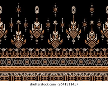 Traditional ethnic textile pattern featuring intricate geometric motifs in black, white, and gold tones.