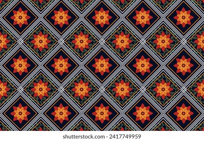Traditional ethnic textile seamless pattern vector with geometric diamond shapes and stylized floral motifs.Tribal embroidery background design for textiles and traditional tribal art