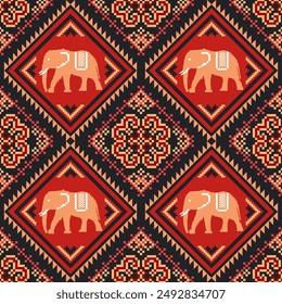 Traditional Ethnic Thai Elephant Pixel Art Seamless Pattern. Vector design for fabric, carpet, tile, embroidery, wrapping, wallpaper,