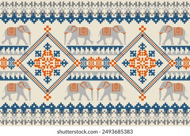 Traditional Ethnic Thai Elephant Pixel Art Seamless Pattern. Vector design for fabric, carpet, tile, embroidery, wrapping, wallpaper,