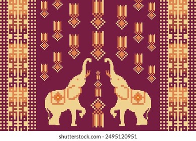 Traditional Ethnic Thai Elephant Pixel Art Seamless Pattern. Vector design for fabric, carpet, tile, embroidery, wrapping, wallpaper,