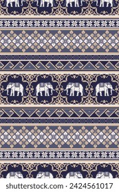 Traditional Ethnic Thai White Elephant with Floral Seamless Pattern.  Vector pixel art design for fabric, carpet, tile, embroidery, wrapping, wallpaper, and background