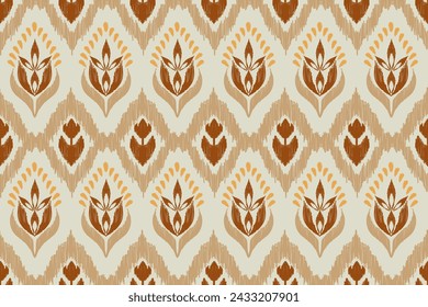 Traditional ethnicity floral pattern embroidery seamless abstract brown flowers background border bohemian designs vector illustration.