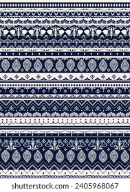 Traditional, ethno paisley seamless repeat pattern. Vertical, vector geometric shapes and botanic all over surface print on dark blue background.