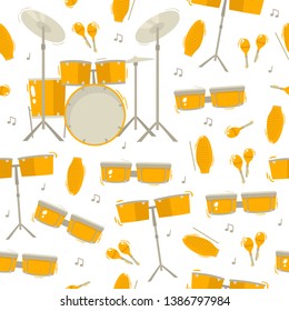 Traditional etnic music instruments and note seamless pattern on white background. Cartoon vector background of music festival elements used for music poster, magazine, tickets.