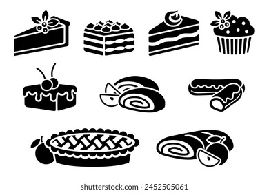 Traditional European and American dessert and popular cake black silhouette icons set on white. Vector stencil clipart, minimalist bakery sign or logo design. Cheesecake, cupcake, brownie and tiramisu