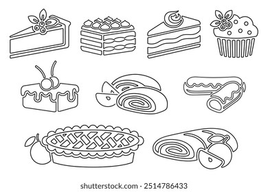 Traditional European and American dessert and popular cake line icon set, black outline isolated on white. Vector clipart, minimalist bakery sign or logo. Cheesecake, cupcake, muffin and tiramisu.