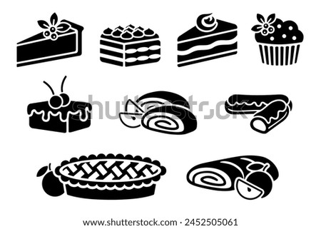 Traditional European and American dessert and popular cake black silhouette icons set on white. Vector stencil clipart, minimalist bakery sign or logo design. Cheesecake, cupcake, brownie and tiramisu