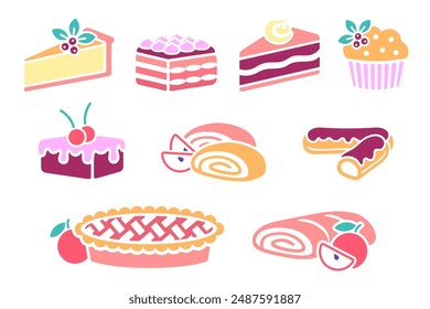 Traditional European and American desserts and popular cakes color icon set isolated on white. Vector clipart, bakery sign or logo design. Cheesecake, cupcake, brownie, tiramisu and apple pie.