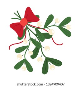 Traditional European branch of Christmas mistletoe. Mistletoe branch with bow and ribbon. Vector illustration in flat style.