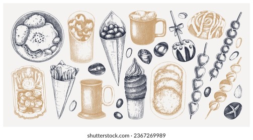 Traditional European Christmas market food sketches collection. Fast food menu design elements. Vintage hand-drawn vector illustration. Bakery, pastry, sweets, grilled meat, hot drinks sketches.