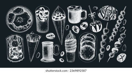 Traditional European Christmas market food sketches collection. Fast food menu design elements. Hand-drawn vector illustration on chalkboard. Bakery, pastry, sweets, grilled meat, hot drinks sketches.