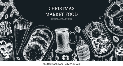 Traditional European Christmas market food background. Fast food menu design on chalkboard. Hand-drawn vector illustration. Mulled wine, potato pancakes, French fries, pastries, raclette sketches.