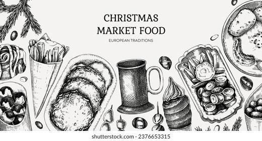 Traditional European Christmas market food background. Fast food menu design elements. Vintage hand-drawn vector illustration. Pastries, sweets, grilled sausages, hot drinks, raclette sketches.