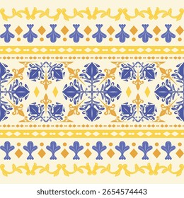 traditional European feel seamless horizontal repeat design combining detailed floral iconography with strong geometric rhythm. for home decor accents, high-end gift wraps, historical-themed branding