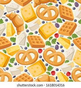 Traditional European food seamless pattern, vector illustration. Wrapping paper print design, delicious pastry and dairy product. Freshly baked pretzel, waffle, croissant and cheese isolated food icon