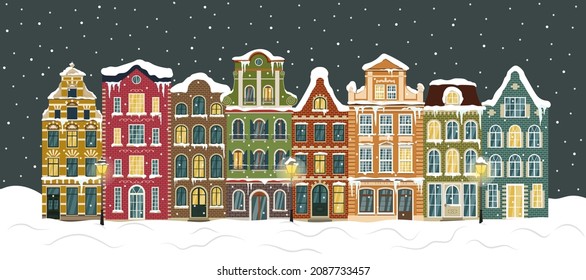 Traditional european houses night landscape. Snowy street greeting card. Winter in Europe. Vector illustration