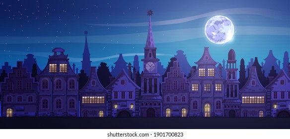 Traditionelle europäische Altstadt.Rathaus, Kapelle, schöne Häuser, Stadtstraße. Nachtstadt, Mond. Vektorgrafik-Landschaft mit antiken Gebäuden